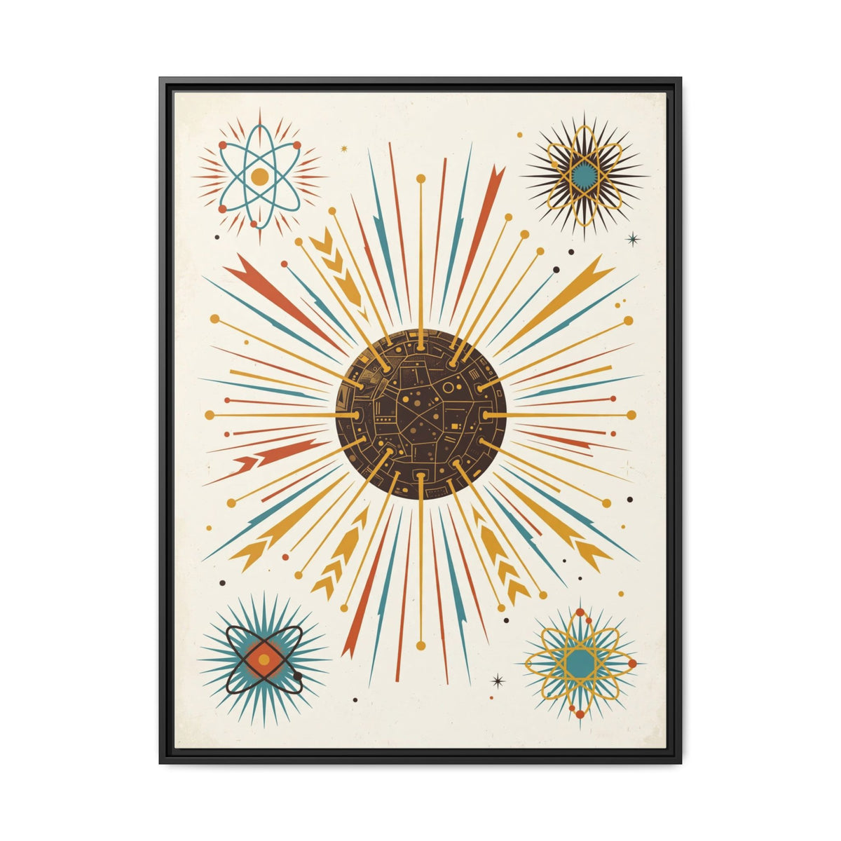 Mid Century Modern Atomic Starburst Framed Canvas Wall Art, Sputnik Print, Retro 1950s Living Room Decor