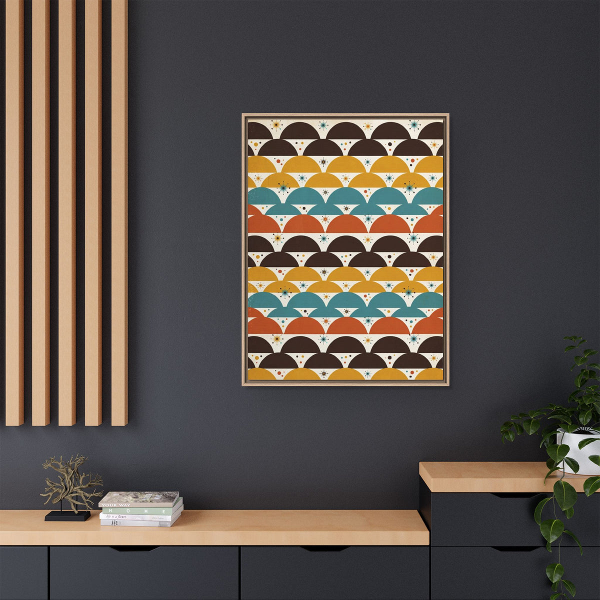 Mid Century Modern Scallop Framed Canvas Wall Art, Retro Wave Pattern Print, 1950s Geometric Decor
