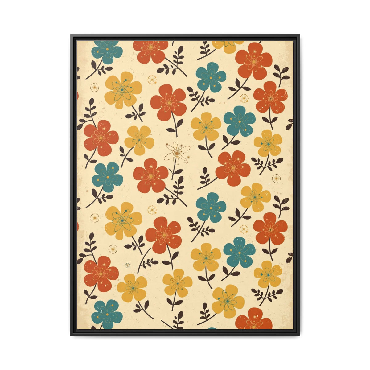 Mid Century Modern Floral Framed Canvas Wall Art, Retro Flower Pattern Print, 1950s Orange Teal Decor