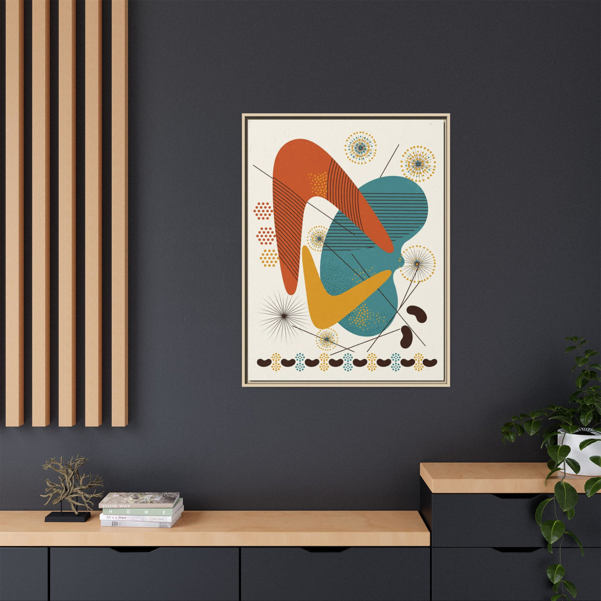 Mid Century Modern Boomerang Framed Canvas Wall Art, Abstract Retro Print, 1950s Teal Burnt Orange Decor