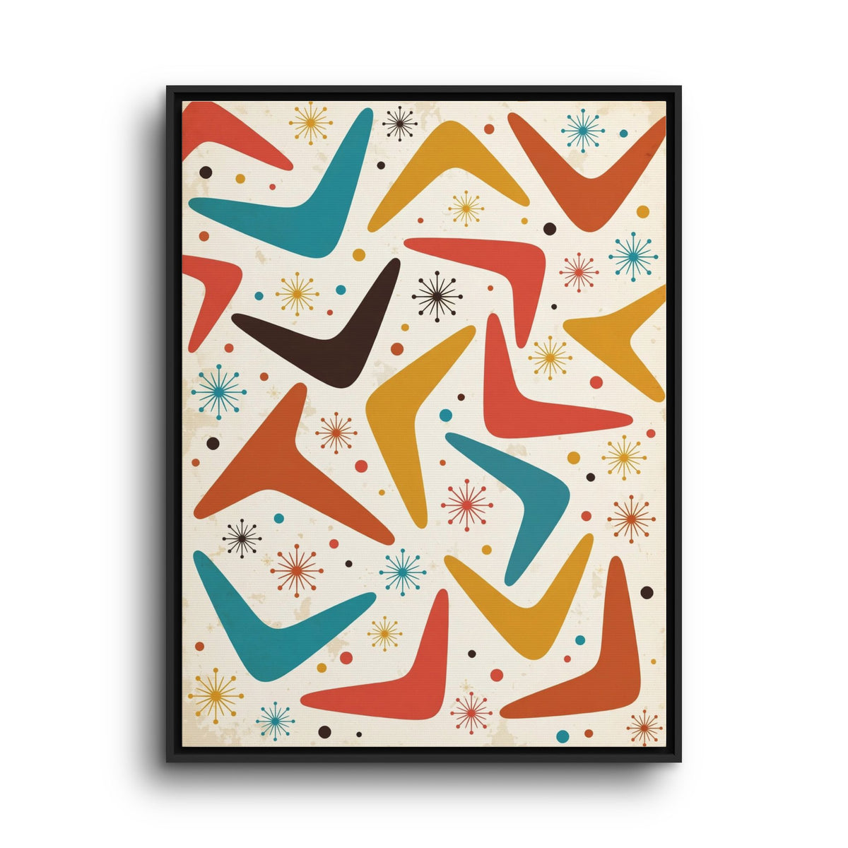 Mid Century Modern Boomerang Pattern Framed Canvas Wall Art, Retro 1950s Abstract Decor