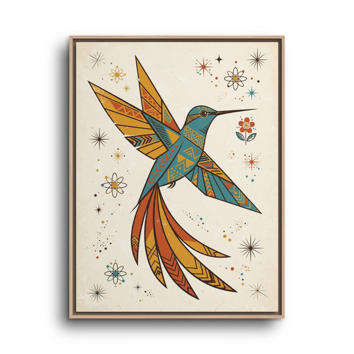 Mid Century Modern Hummingbird Framed Canvas Wall Art, Retro Bird Print, 1950s Nature Decor