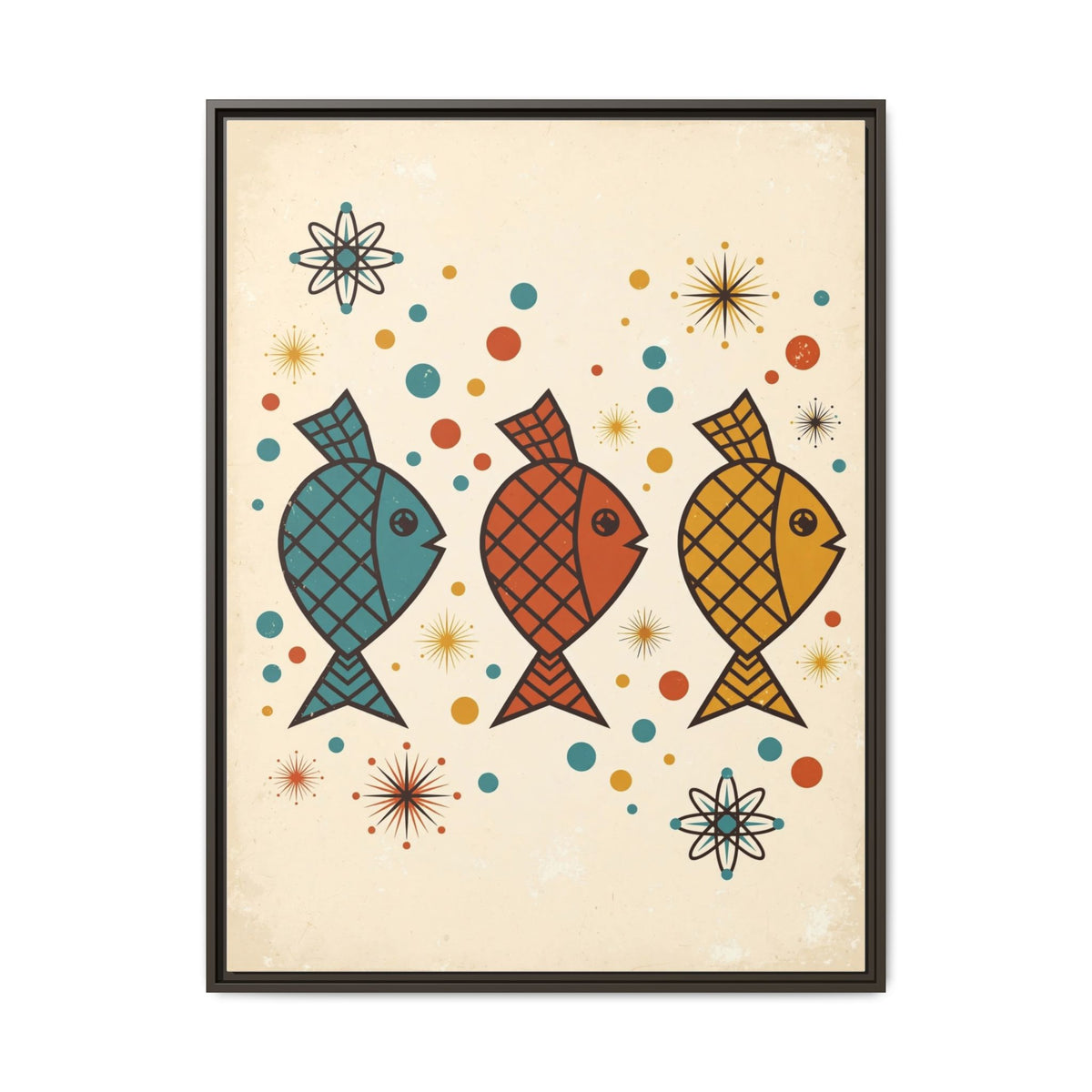 Mid Century Modern Fish Framed Canvas Wall Art, Retro Atomic Fish Print, 1950s Bathroom Ocean Decor
