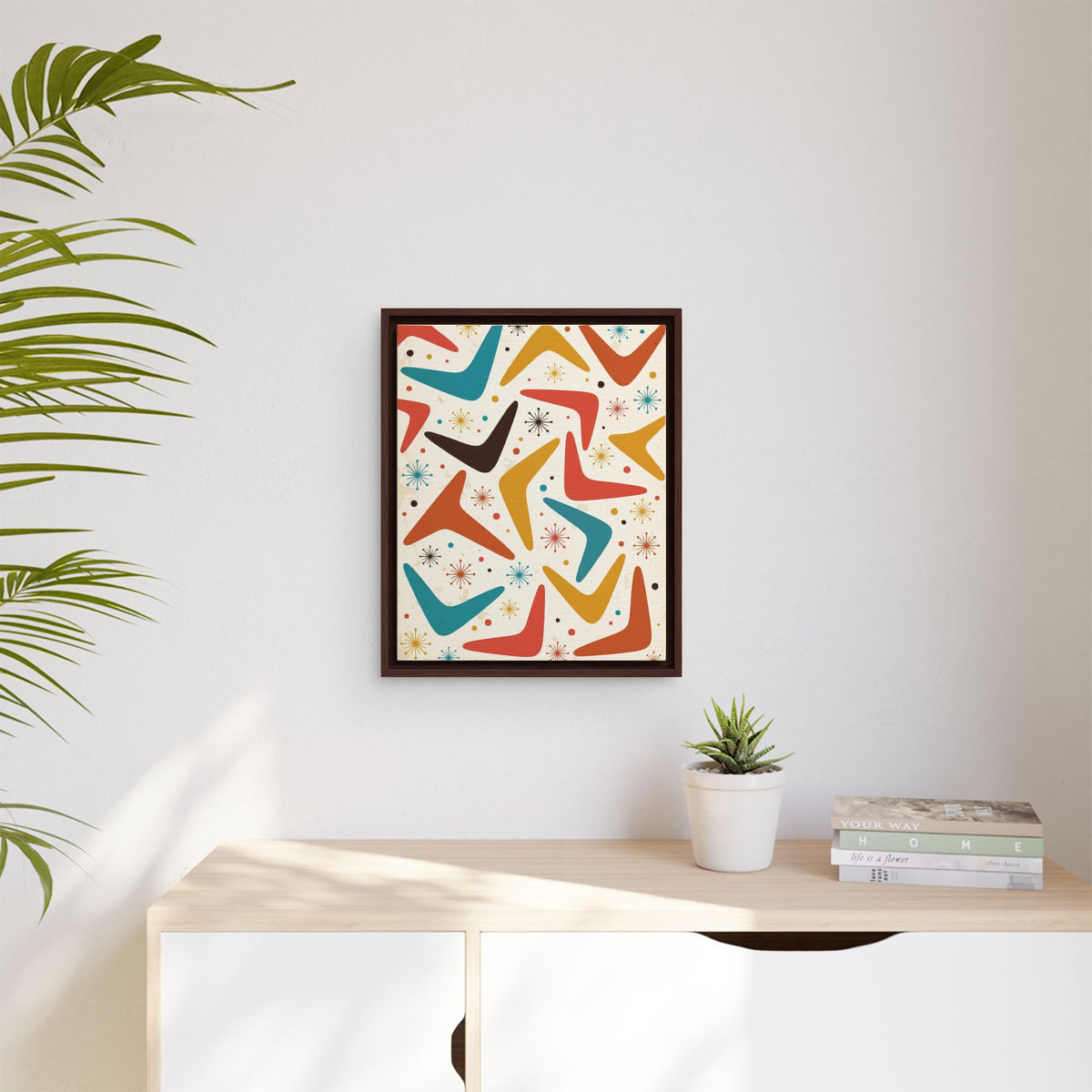 Mid Century Modern Boomerang Pattern Framed Canvas Wall Art, Retro 1950s Abstract Decor