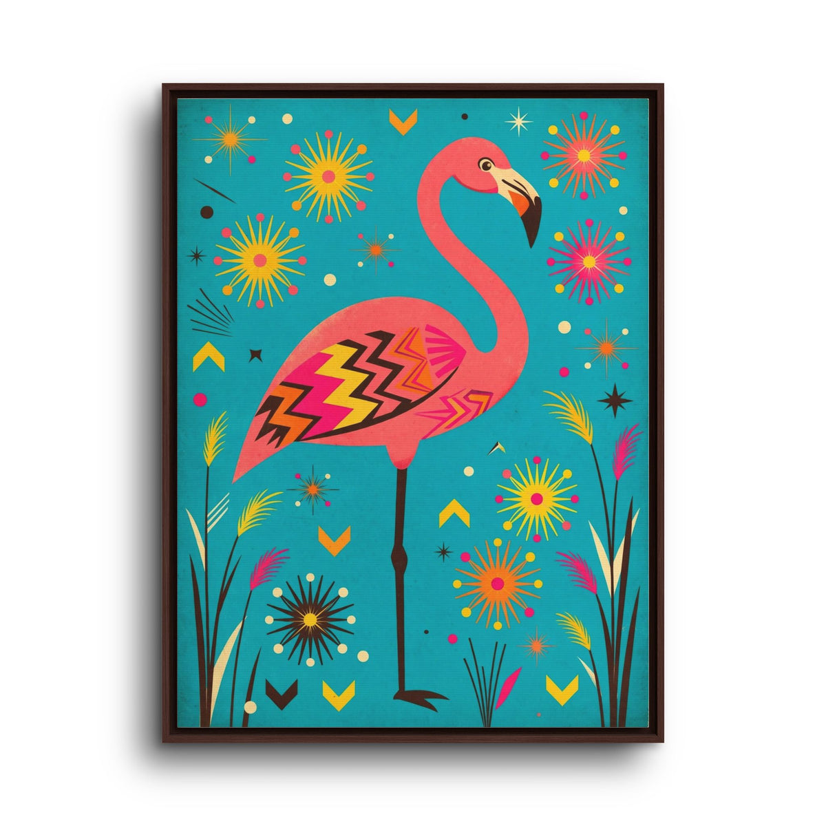 Mid Century Modern Flamingo Framed Canvas Wall Art, Retro Flamingo Print, 1950s Tropical Decor