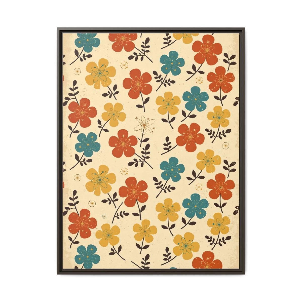 Mid Century Modern Floral Framed Canvas Wall Art, Retro Flower Pattern Print, 1950s Orange Teal Decor