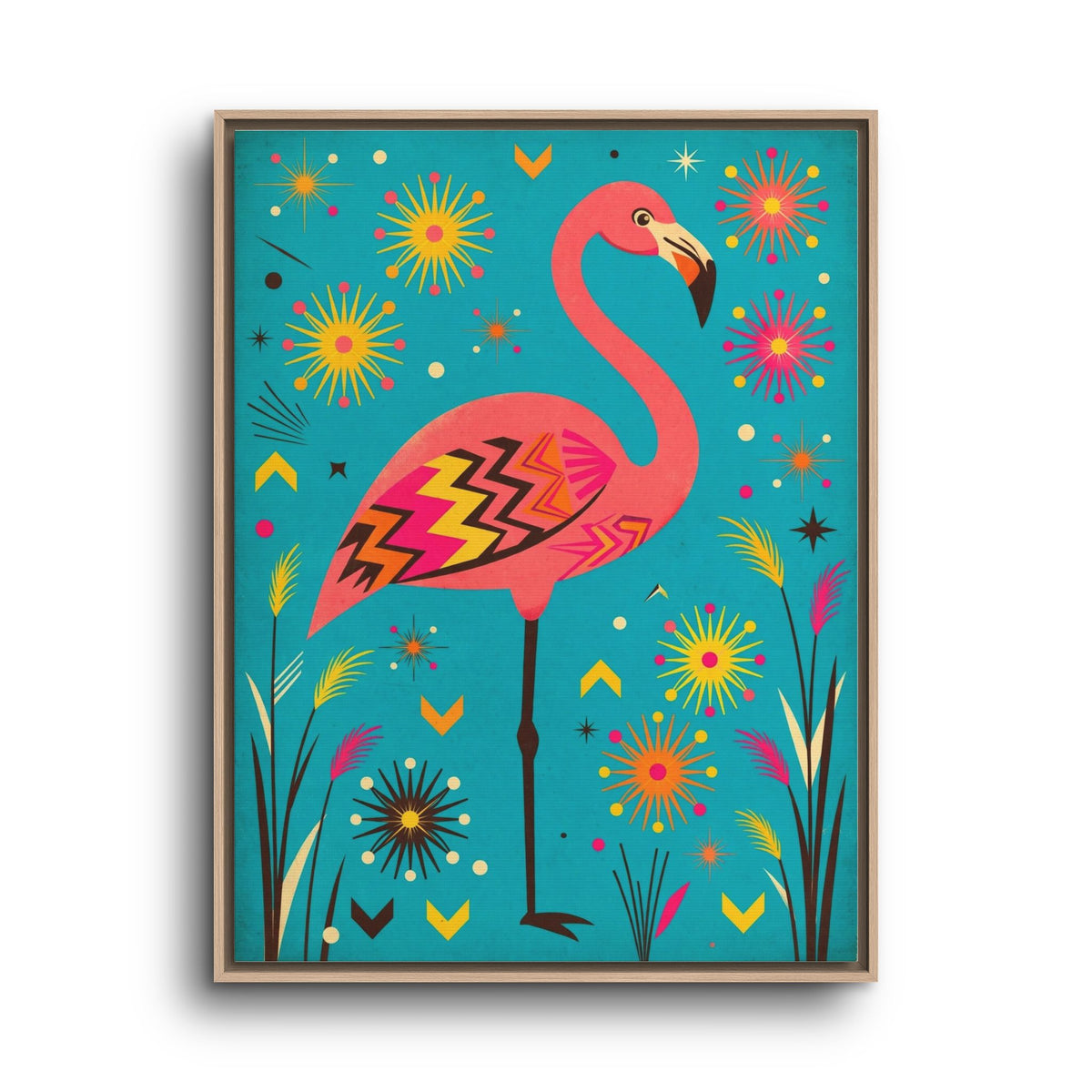 Mid Century Modern Flamingo Framed Canvas Wall Art, Retro Flamingo Print, 1950s Tropical Decor