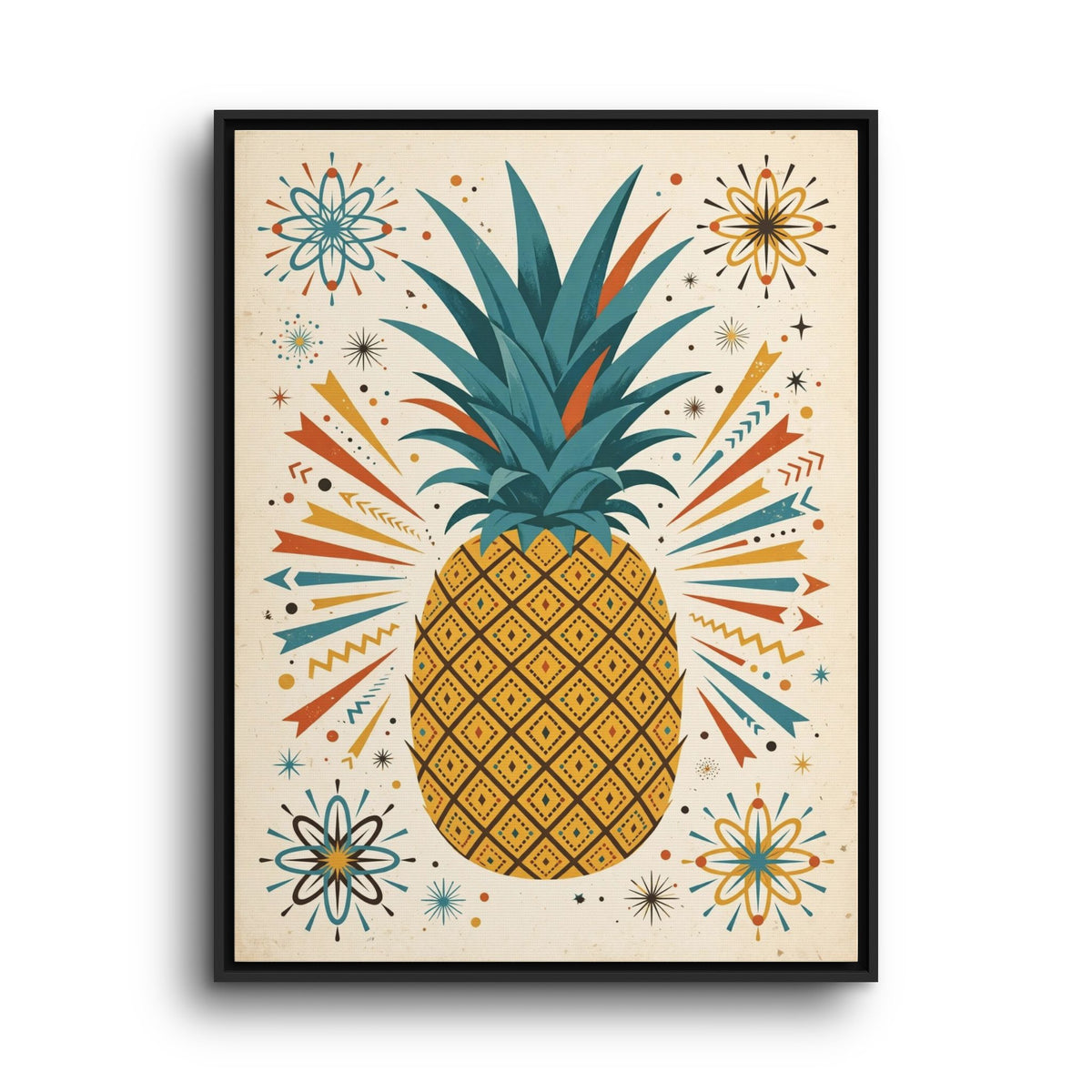Mid Century Modern Pineapple Framed Canvas Wall Art, Retro Pineapple Print, 1950s Kitchen Decor