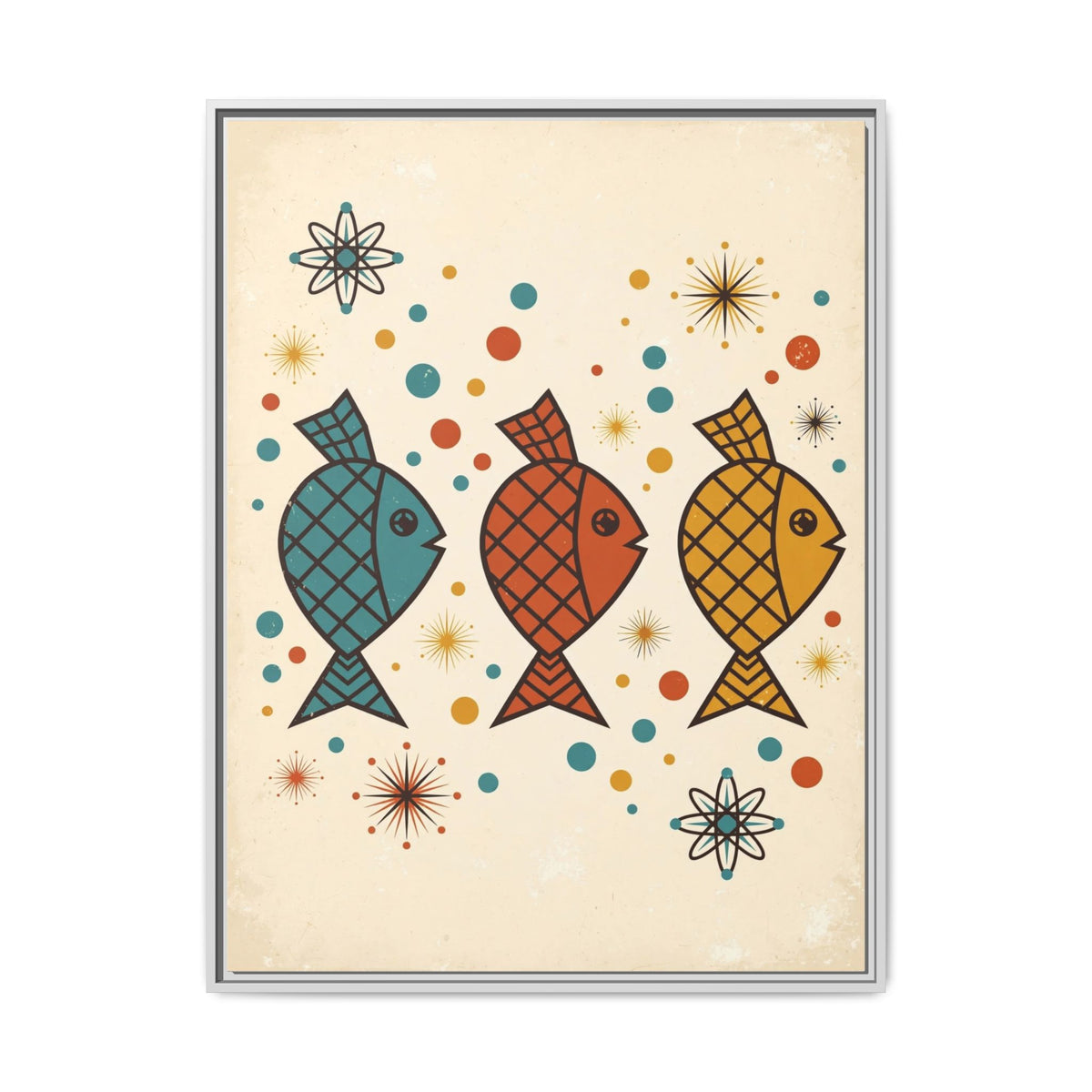 Mid Century Modern Fish Framed Canvas Wall Art, Retro Atomic Fish Print, 1950s Bathroom Ocean Decor