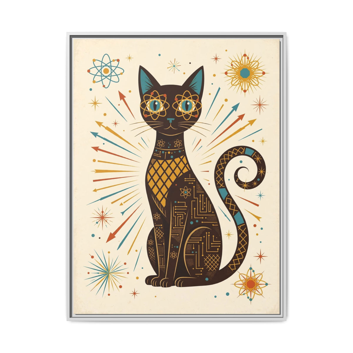 Mid Century Modern Cat Framed Canvas Wall Art, Atomic Cat Print, Retro 1950s Teal Orange Decor