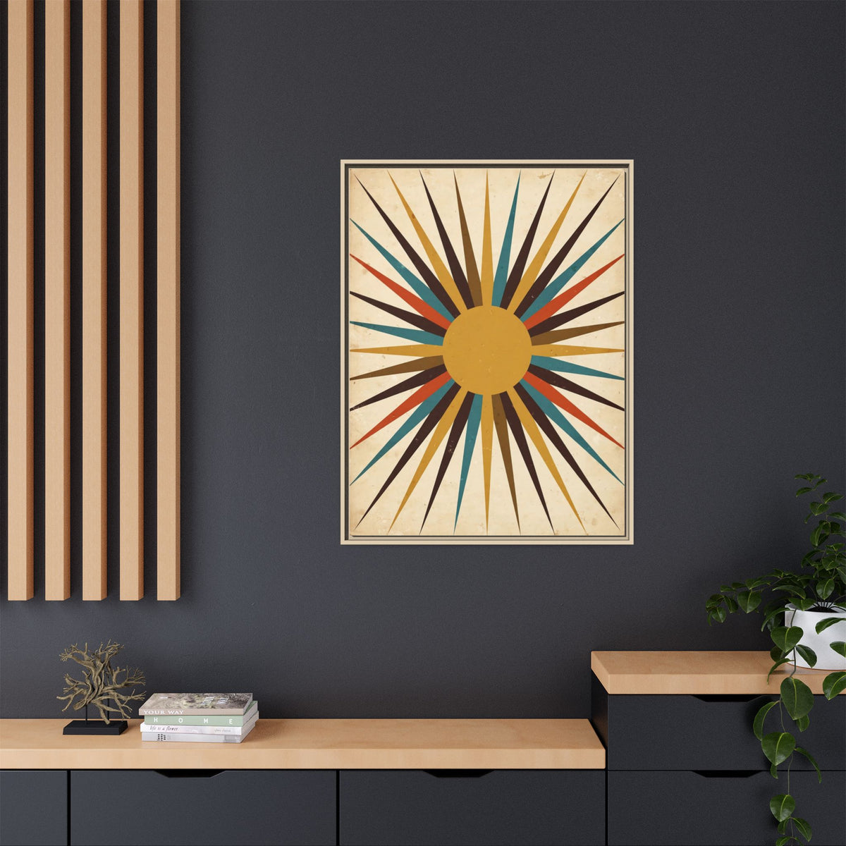 Mid Century Modern Starburst Sun Framed Canvas Wall Art, Retro Sunburst Print, 1950s Gold Teal Decor