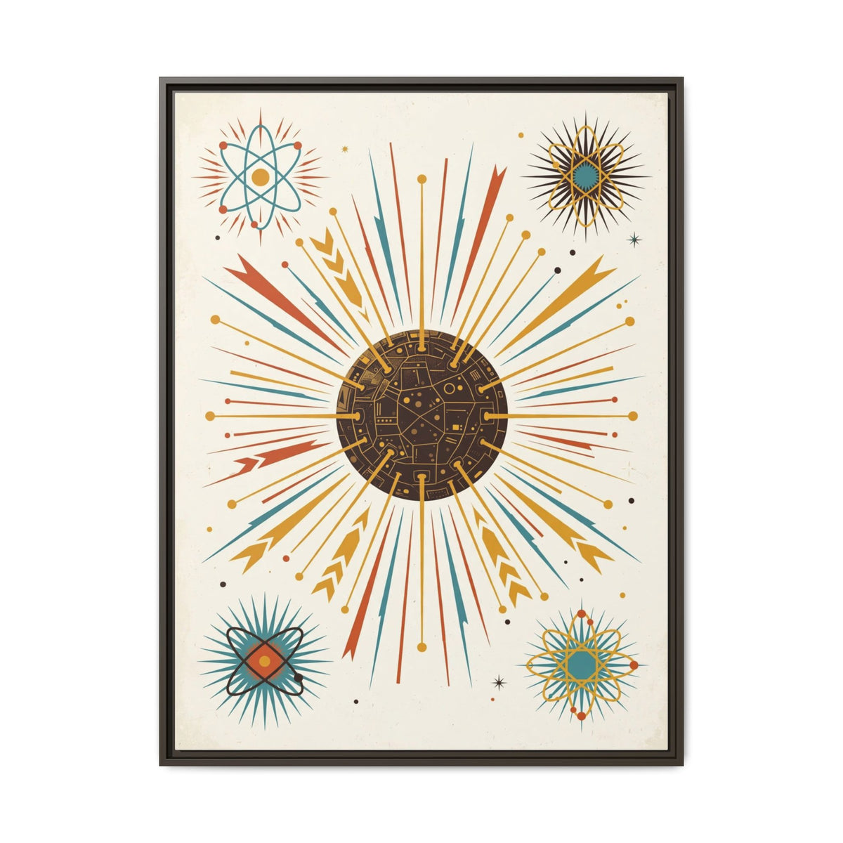 Mid Century Modern Atomic Starburst Framed Canvas Wall Art, Sputnik Print, Retro 1950s Living Room Decor