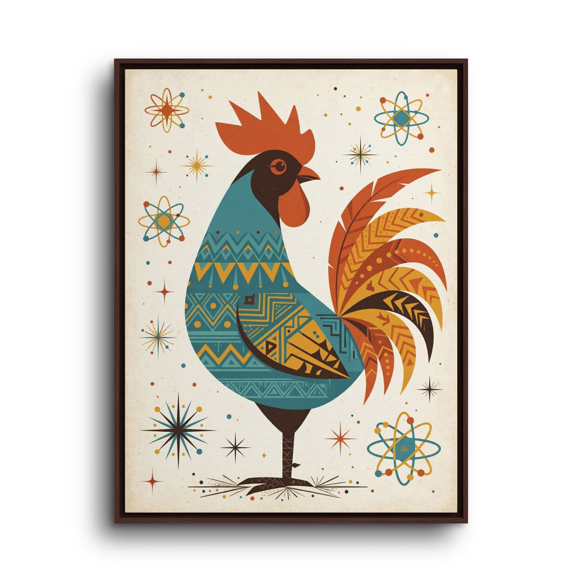 Mid Century Modern Rooster Framed Canvas Wall Art, Retro Rooster Print, 1950s Kitchen Farmhouse Decor