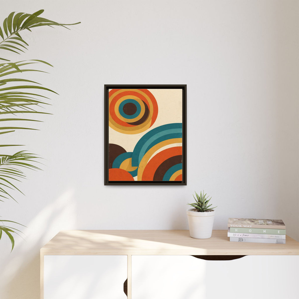 Mid Century Modern Concentric Circles Framed Canvas Wall Art, Retro Arches Print, Burnt Orange Teal Decor