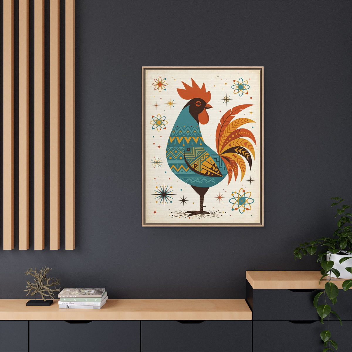 Mid Century Modern Rooster Framed Canvas Wall Art, Retro Rooster Print, 1950s Kitchen Farmhouse Decor
