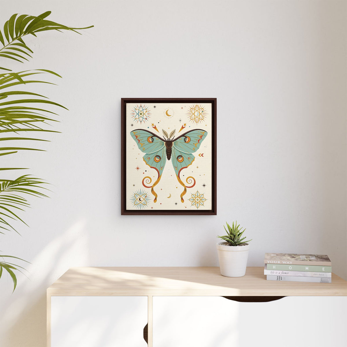 Mid Century Modern Luna Moth Framed Canvas Wall Art, Retro Moth Print, 1950s Night Nature Decor