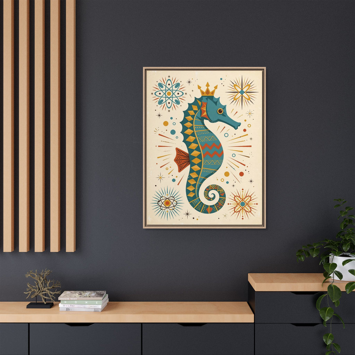 Mid Century Modern Seahorse Framed Canvas Wall Art, Retro Seahorse Print, 1950s Bathroom Ocean Decor