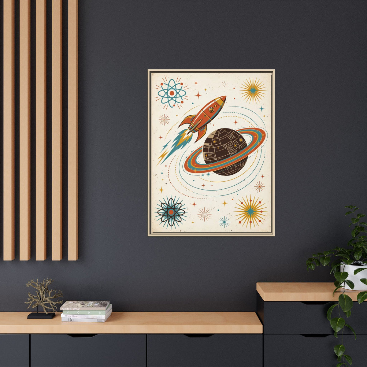 Mid Century Modern Rocket Framed Canvas Wall Art, Retro Space Age Print, 1950s Atomic Kids Room Decor