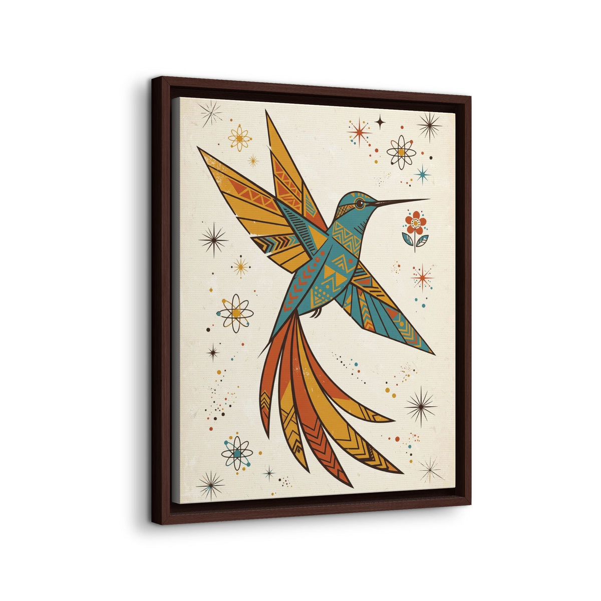 Mid Century Modern Hummingbird Framed Canvas Wall Art, Retro Bird Print, 1950s Nature Decor