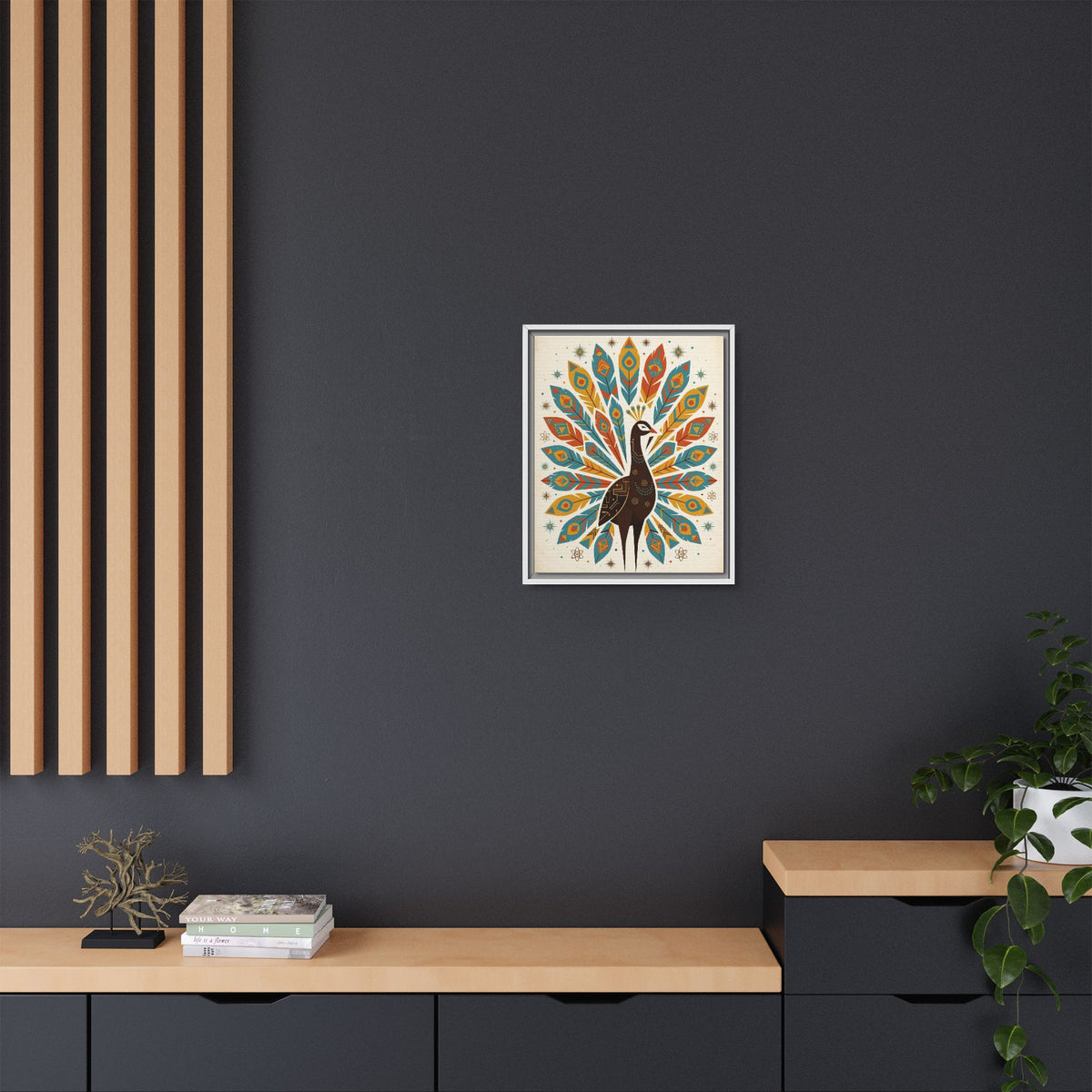 Mid Century Modern Peacock Framed Canvas Wall Art, Retro Peacock Print, 1950s Teal Gold Decor