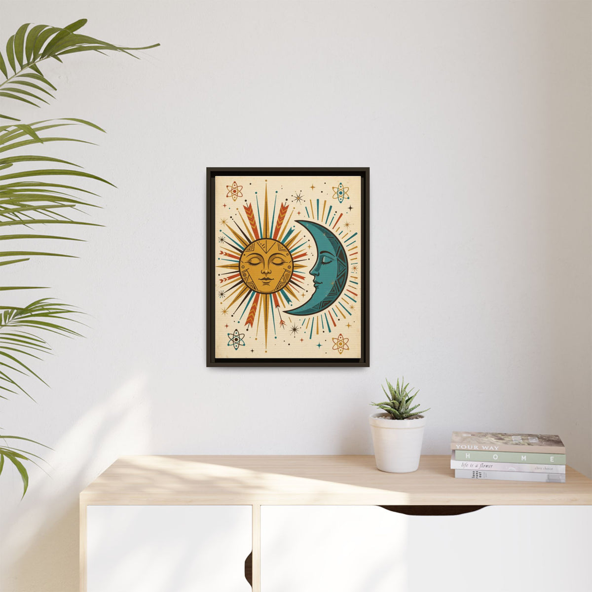 Mid Century Modern Sun and Moon Framed Canvas Wall Art, Retro Celestial Print, 1950s Gold Teal Decor