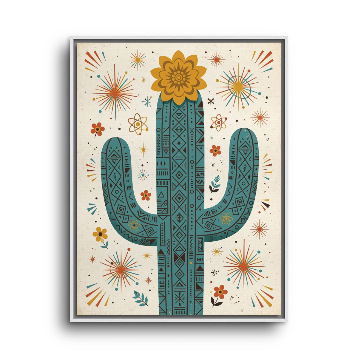 Mid Century Modern Cactus Framed Canvas Wall Art, Retro Saguaro Print, 1950s Desert Decor