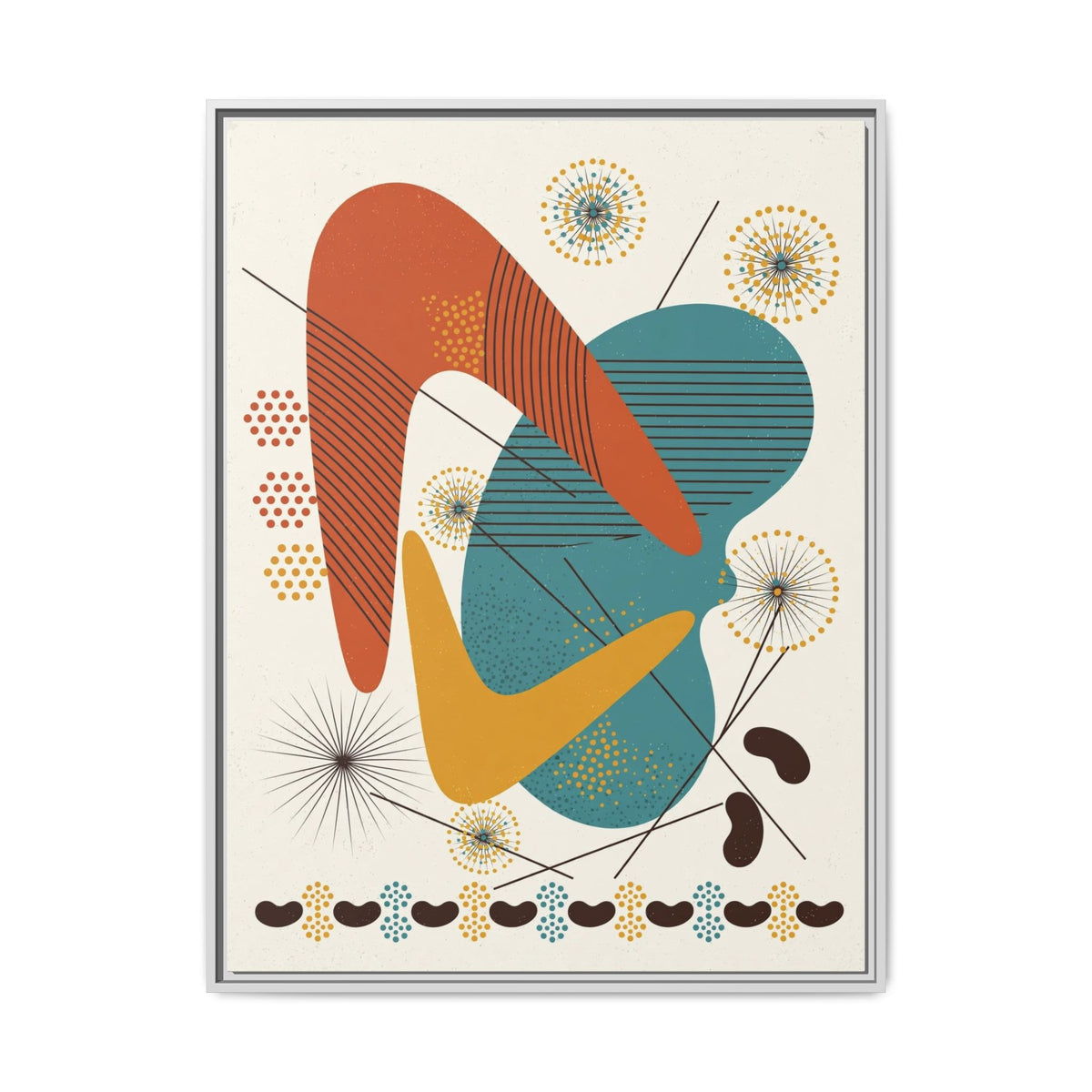 Mid Century Modern Boomerang Framed Canvas Wall Art, Abstract Retro Print, 1950s Teal Burnt Orange Decor