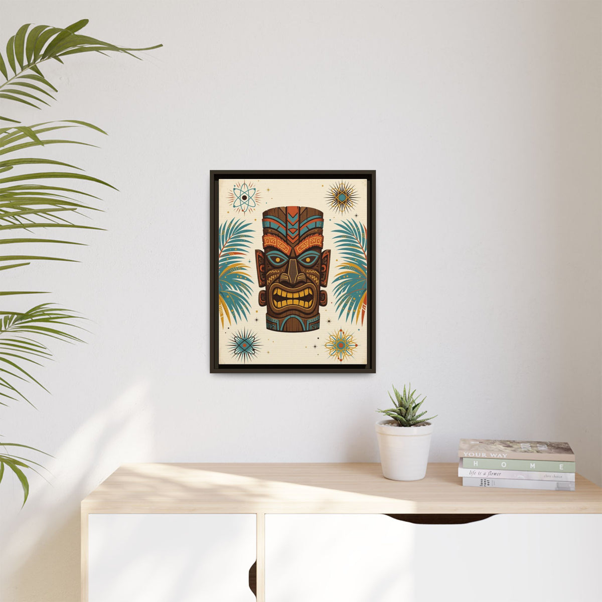 Mid Century Modern Tiki Framed Canvas Wall Art, Retro Tiki Bar Print, Palm Tropical 1950s Decor