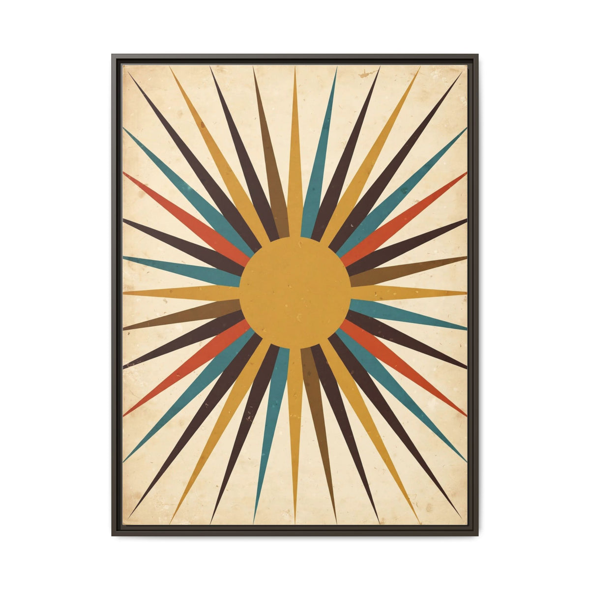Mid Century Modern Starburst Sun Framed Canvas Wall Art, Retro Sunburst Print, 1950s Gold Teal Decor