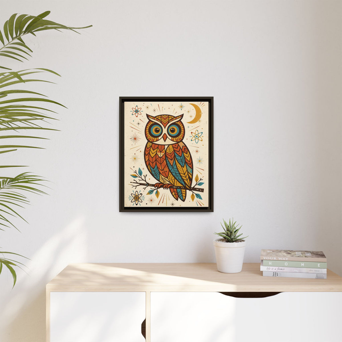 Mid Century Modern Owl Framed Canvas Wall Art, Retro Bird Print, 1950s Teal Orange Kids Room Decor
