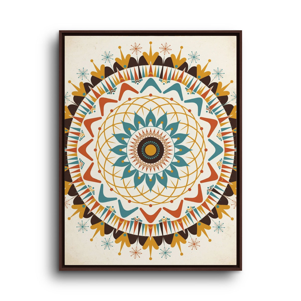 Mid Century Modern Mandala Framed Canvas Wall Art, Atomic Medallion Print, Retro Geometric Decor