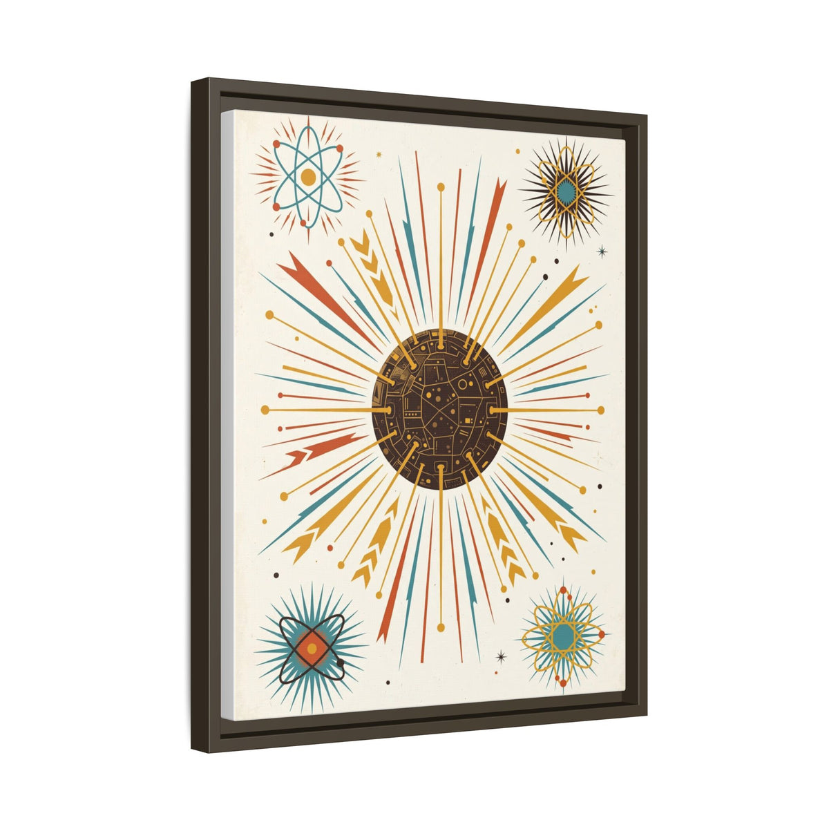 Mid Century Modern Atomic Starburst Framed Canvas Wall Art, Sputnik Print, Retro 1950s Living Room Decor