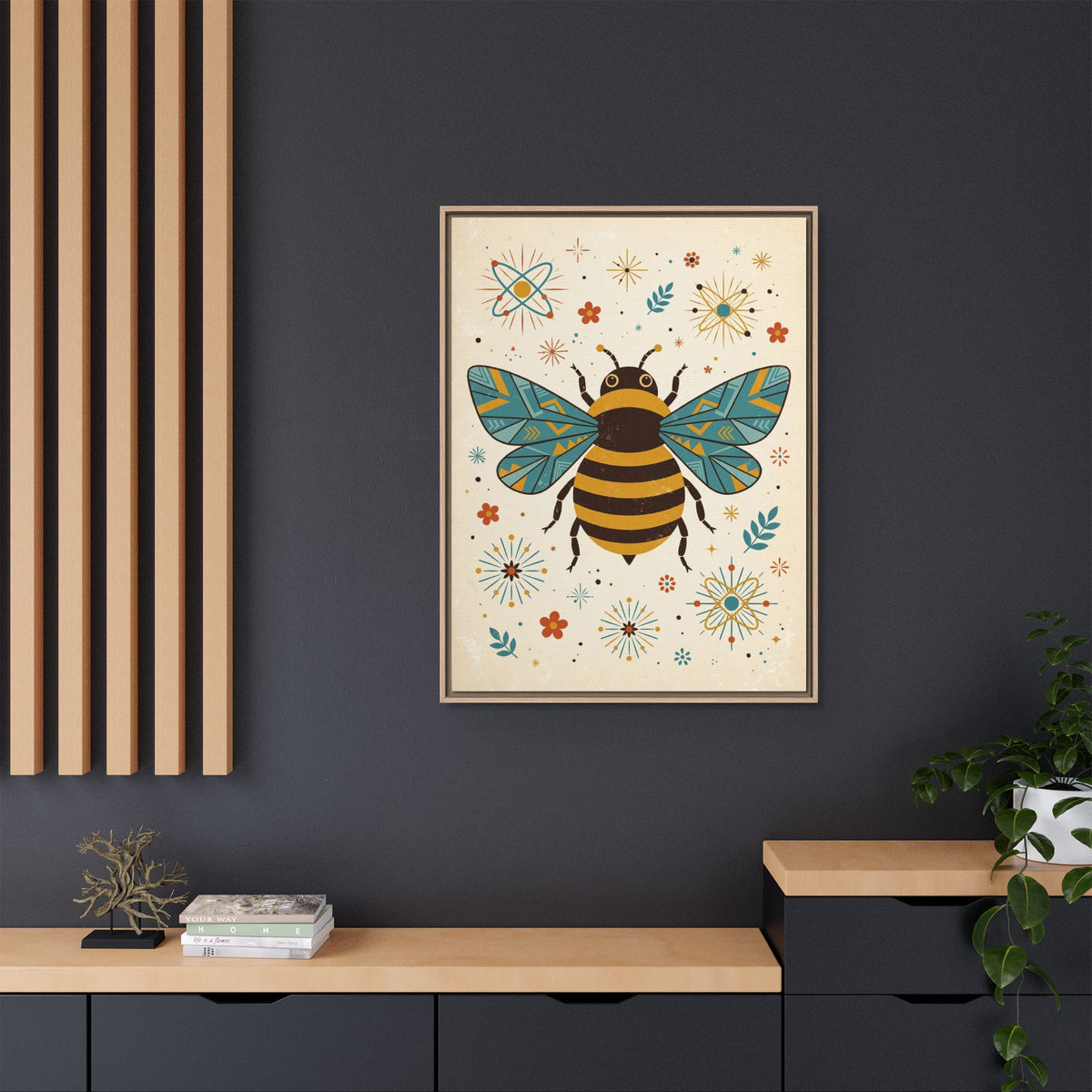 Mid Century Modern Bee Framed Canvas Wall Art, Retro Bumblebee Print, 1950s Garden Nature Decor