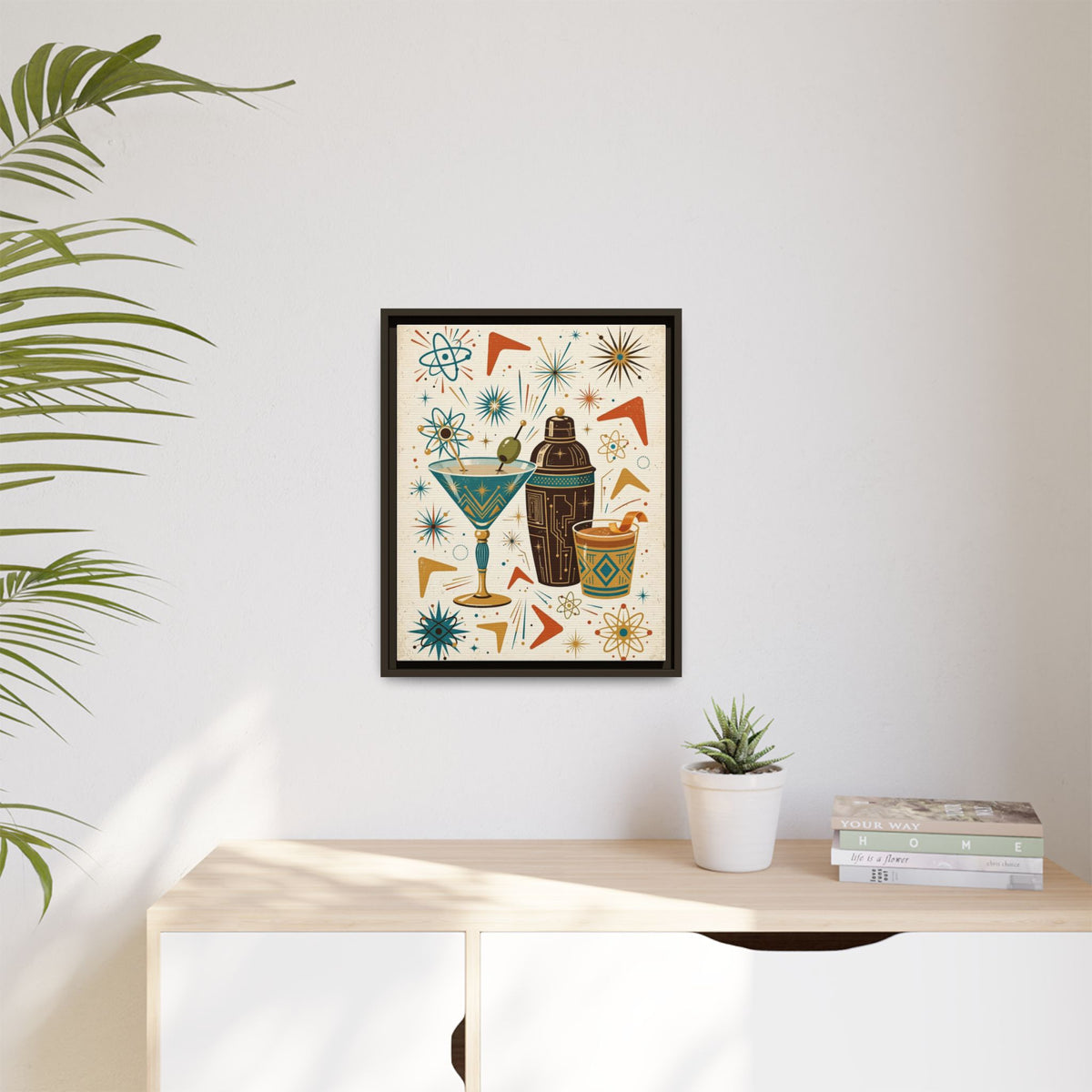 Mid Century Modern Cocktail Framed Canvas Wall Art, Retro Martini Print, 1950s Home Bar Decor