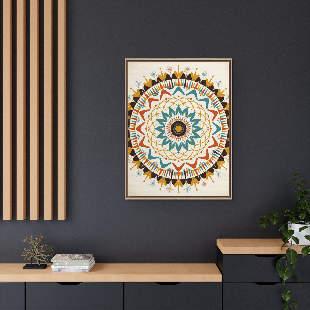 Mid Century Modern Mandala Framed Canvas Wall Art, Atomic Medallion Print, Retro Geometric Decor