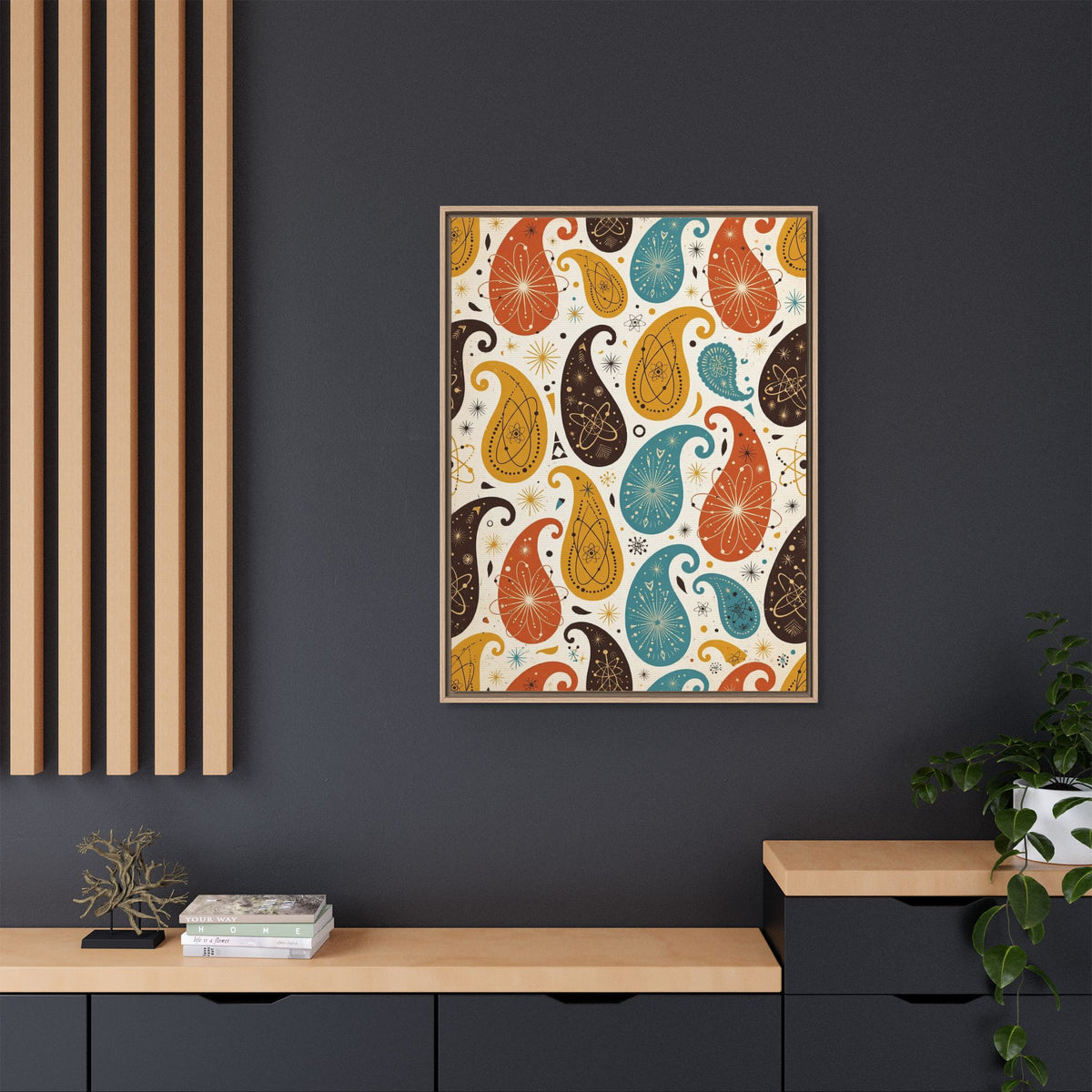 Mid Century Modern Paisley Framed Canvas Wall Art, Atomic Paisley Print, Retro 1950s Pattern Decor