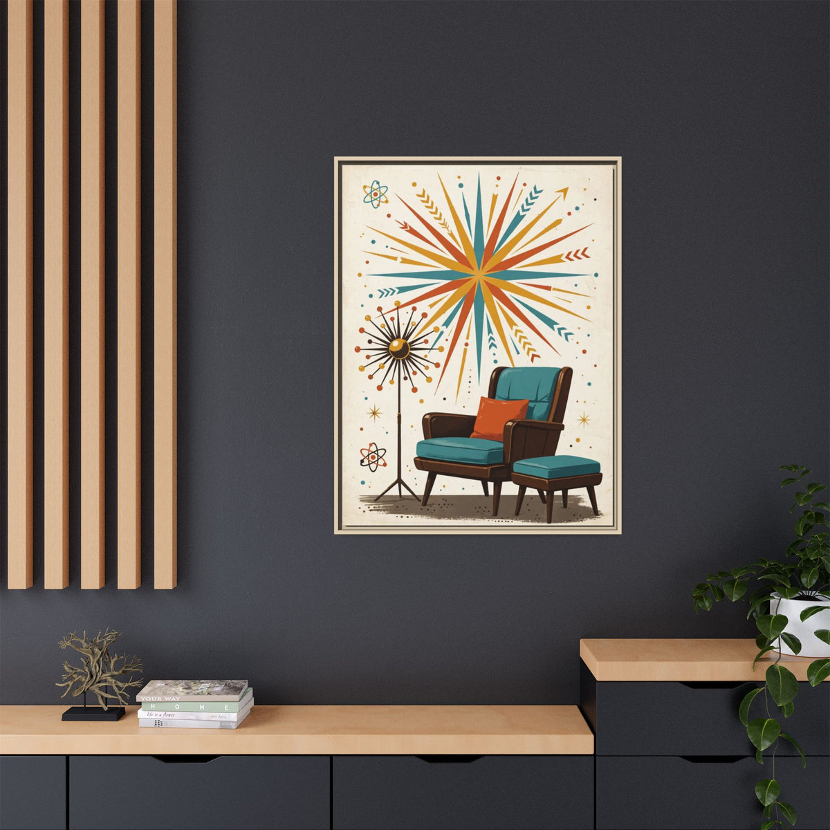 Mid Century Modern Lounge Chair Framed Canvas Wall Art, Retro Furniture Print, 1950s Living Room Decor