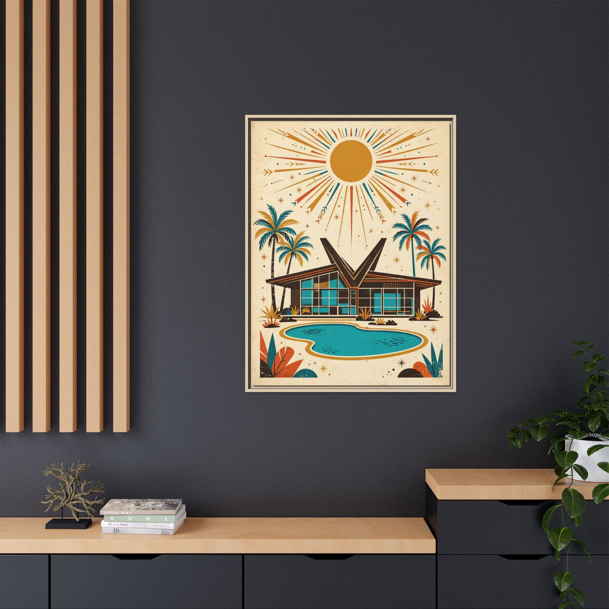 Mid Century Modern House Framed Canvas Wall Art, Butterfly Roof Print, Retro Palm Springs Pool Decor