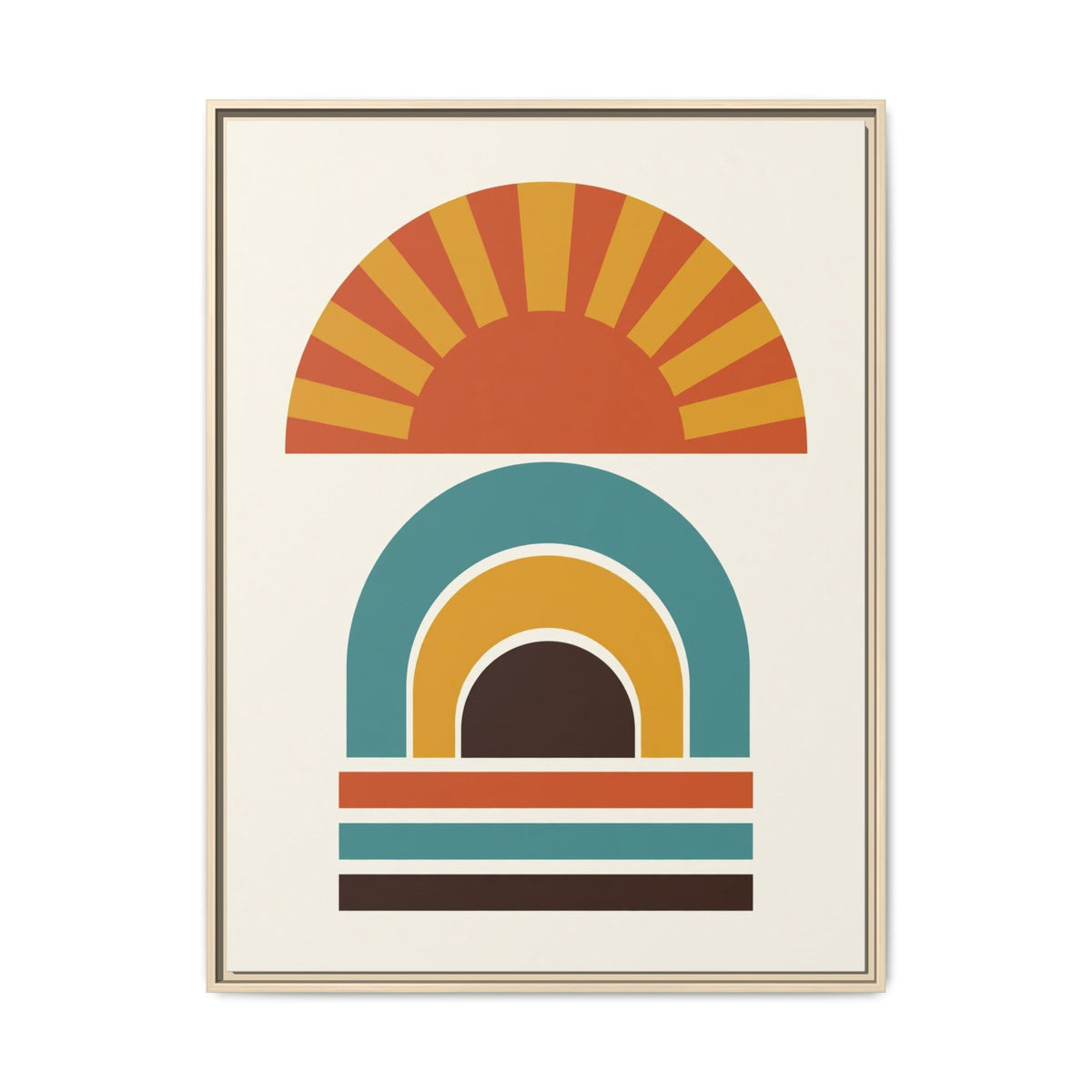 Mid Century Modern Geometric Sun Framed Canvas Wall Art, Retro Arch Print, Burnt Orange Teal Bedroom Decor