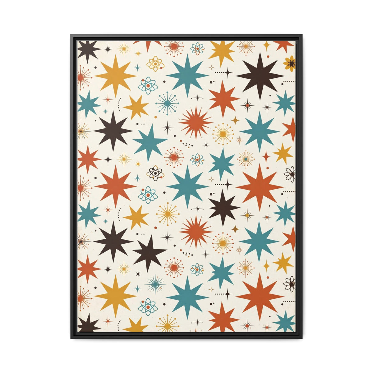 Mid Century Modern Starburst Framed Canvas Wall Art, Retro Star Pattern Print, 1950s Atomic Decor