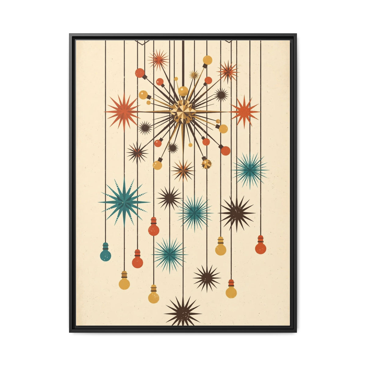 Mid Century Modern Sputnik Chandelier Framed Canvas Wall Art, Atomic Starburst Print, Retro 1950s Decor