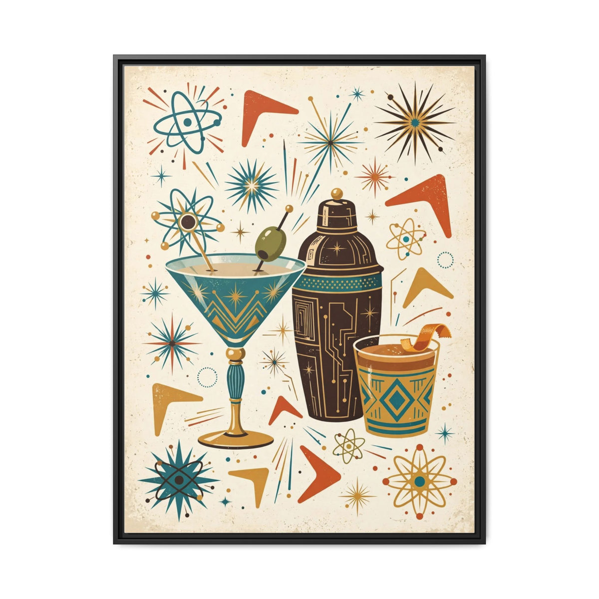 Mid Century Modern Cocktail Framed Canvas Wall Art, Retro Martini Print, 1950s Home Bar Decor