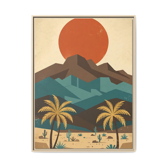 Mid Century Modern Desert Framed Canvas Wall Art, Palm Springs Print, Retro Sun Mountain Landscape Decor
