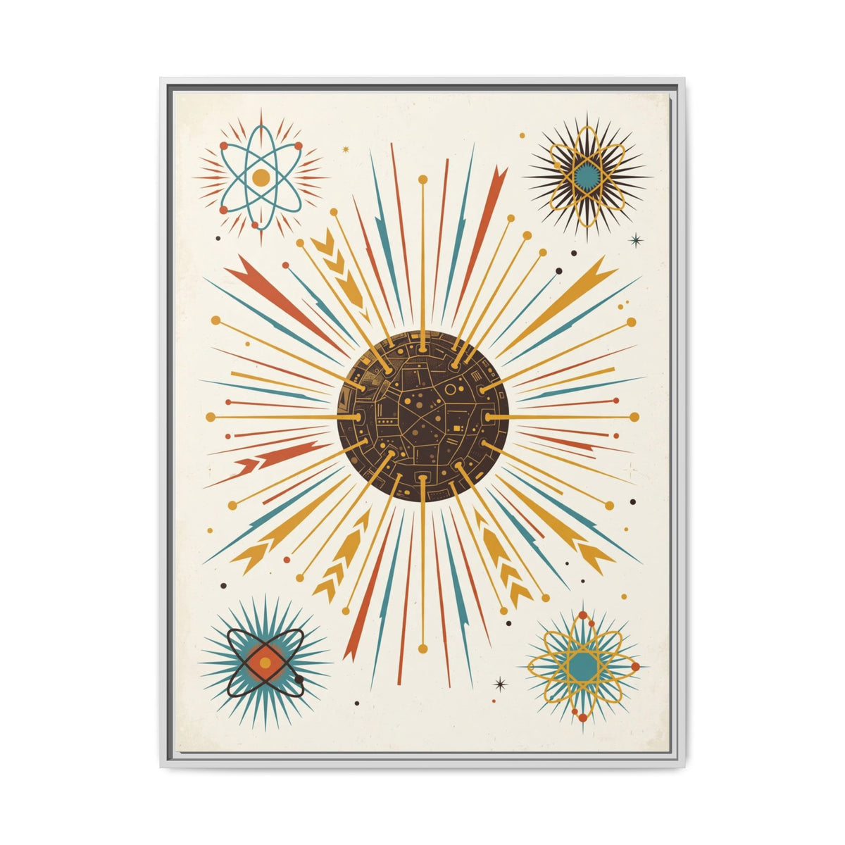 Mid Century Modern Atomic Starburst Framed Canvas Wall Art, Sputnik Print, Retro 1950s Living Room Decor