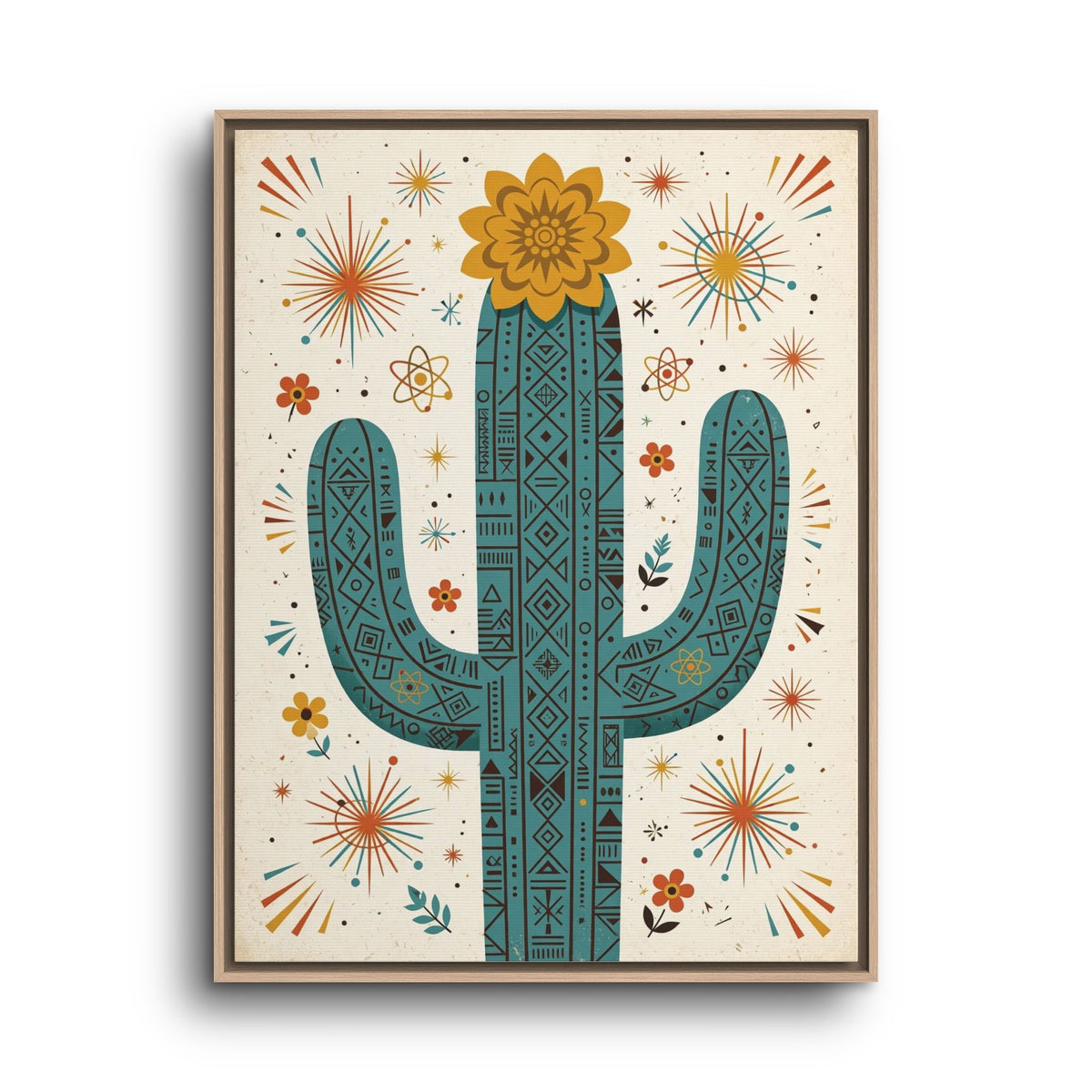 Mid Century Modern Cactus Framed Canvas Wall Art, Retro Saguaro Print, 1950s Desert Decor