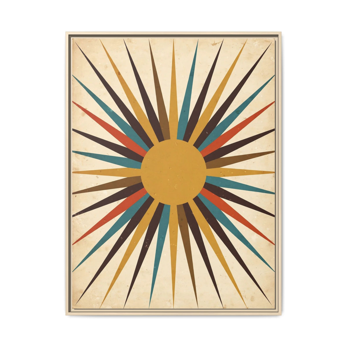 Mid Century Modern Starburst Sun Framed Canvas Wall Art, Retro Sunburst Print, 1950s Gold Teal Decor