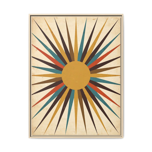 Mid Century Modern Starburst Sun Framed Canvas Wall Art, Retro Sunburst Print, 1950s Gold Teal Decor