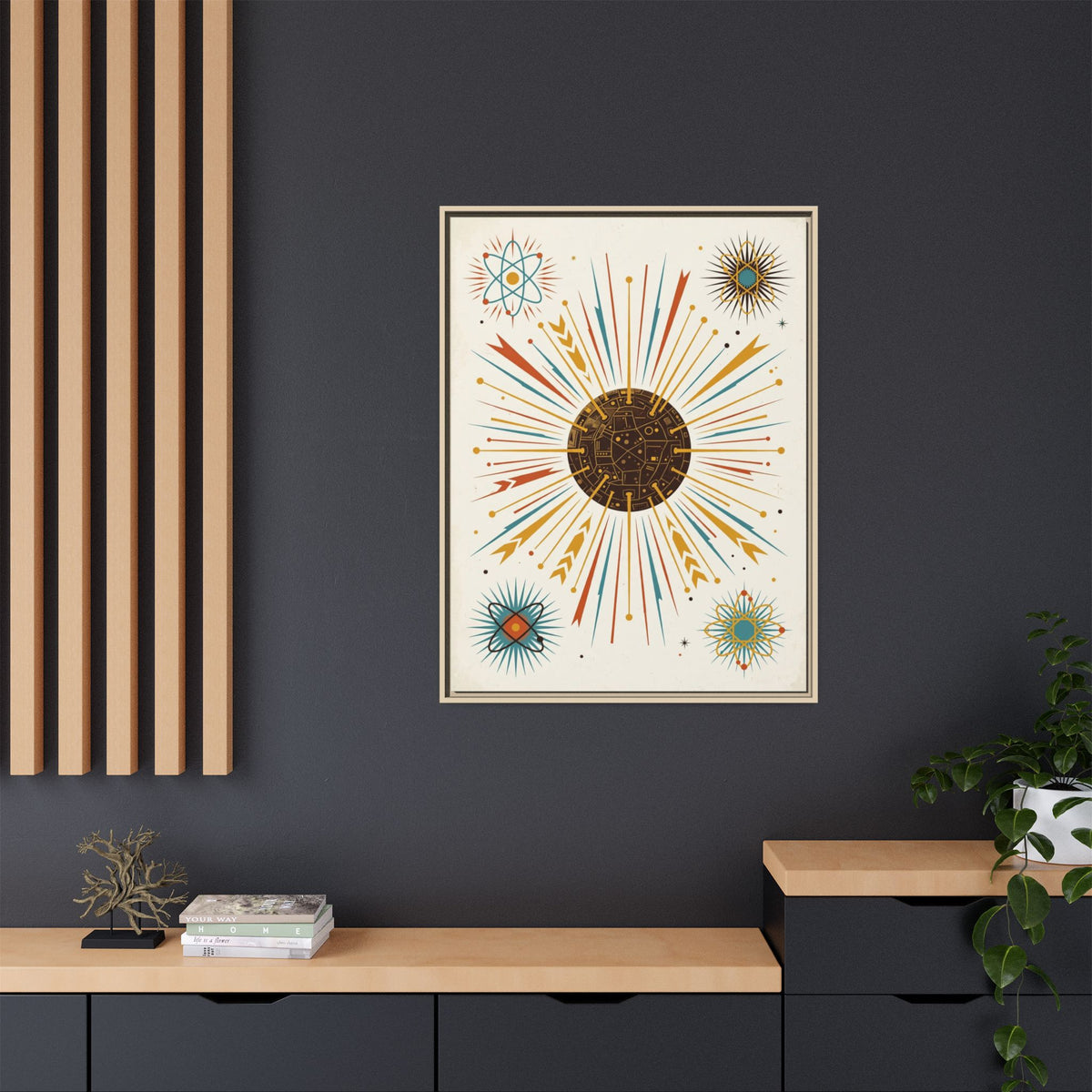 Mid Century Modern Atomic Starburst Framed Canvas Wall Art, Sputnik Print, Retro 1950s Living Room Decor