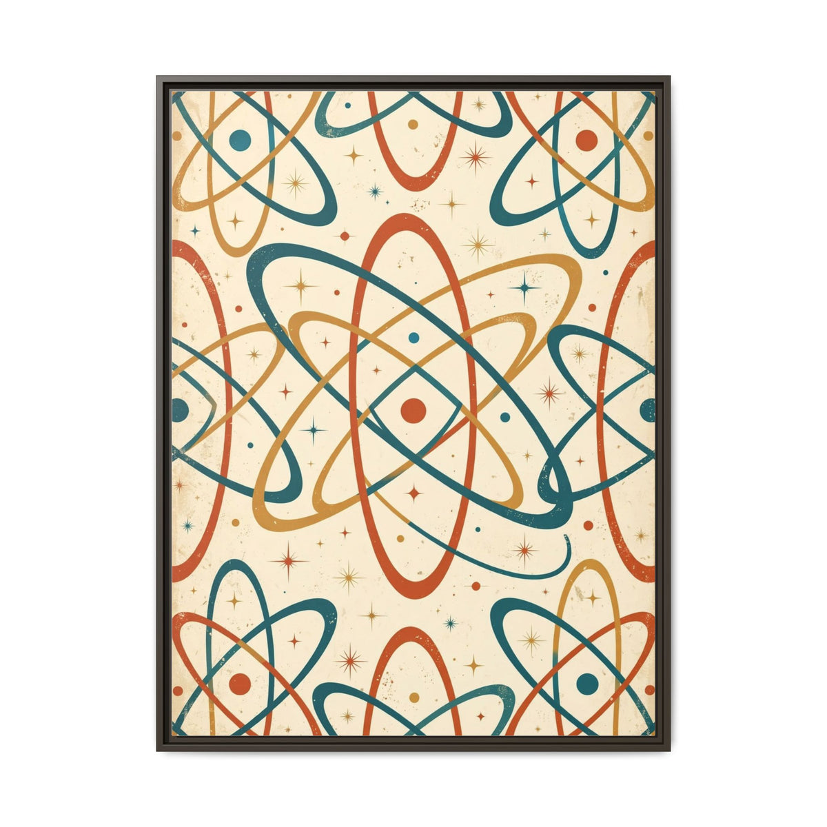 Mid Century Modern Atomic Orbit Framed Canvas Wall Art, Retro Atom Pattern Print, 1950s Teal Orange Decor