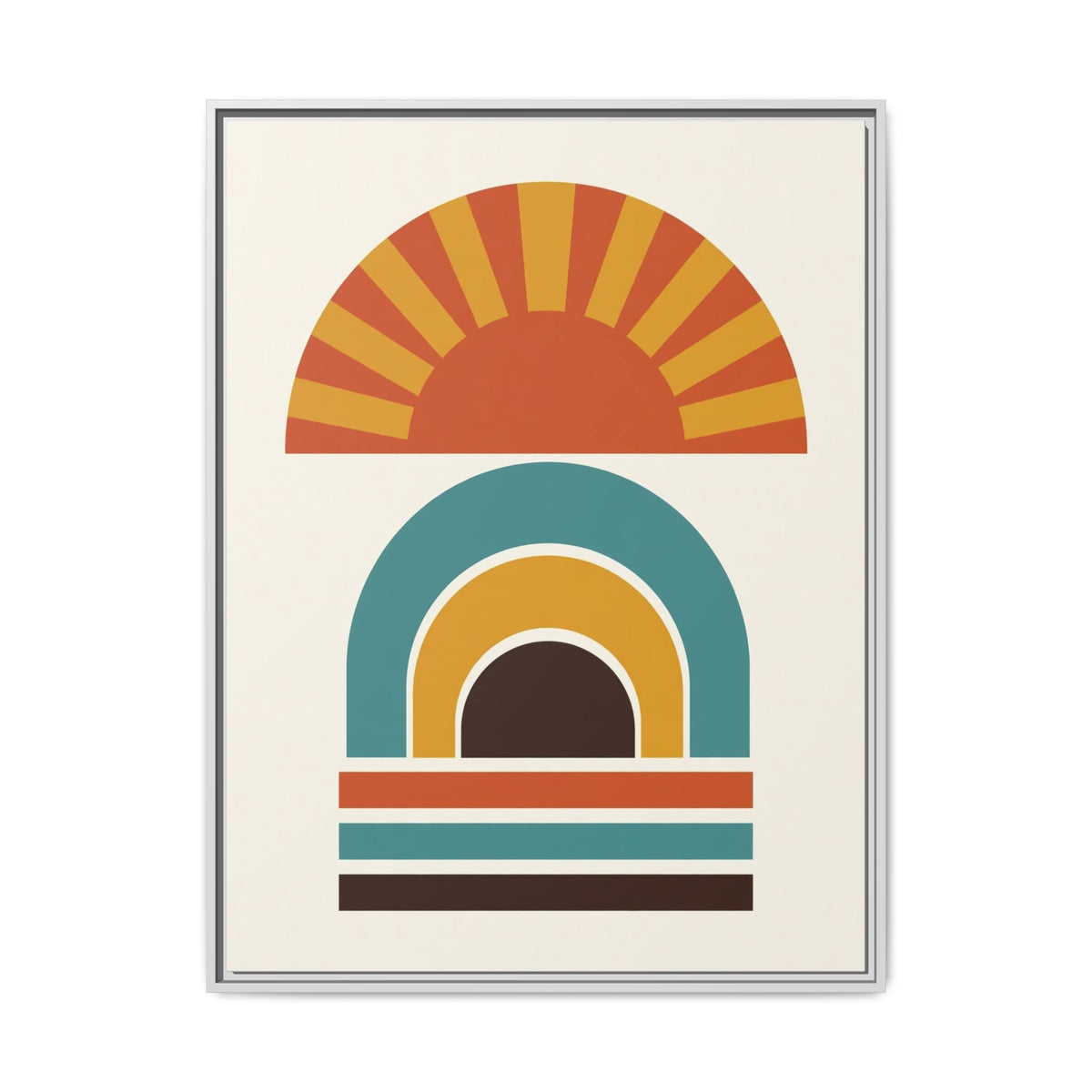 Mid Century Modern Geometric Sun Framed Canvas Wall Art, Retro Arch Print, Burnt Orange Teal Bedroom Decor